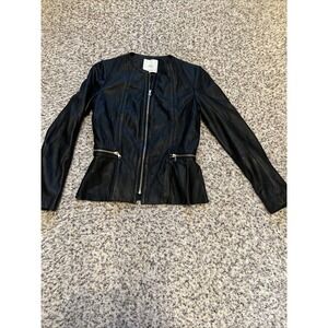 MANGO Women's Soft REAL LEATHER Jacket Coat Black Biker Peplum Sz S Great Condit
